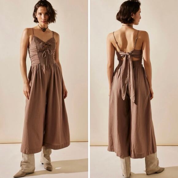 Free People Endless Summer Day Glow One Piece Smocked Cutout Jumpsuit In Pelican - Picture 1 of 8